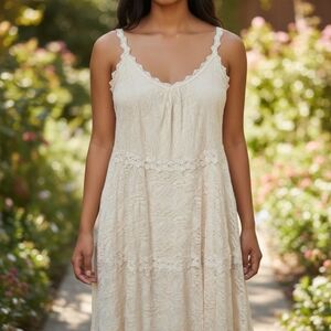 A'reve Cream Crochet Lace Bohemian Cottagecore Peasant Tiered Dress Fairy Core L